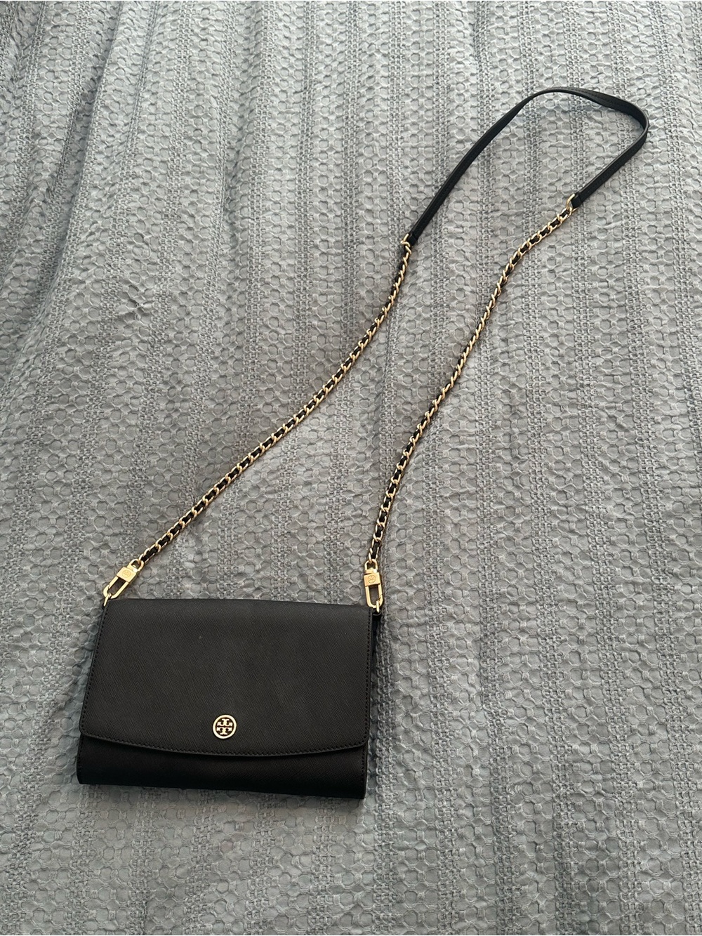 Tory Burch Black Leather Wallet Purse with Gold Chain
